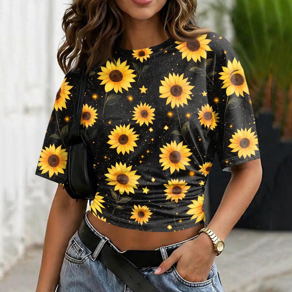 Women’s Crew Neck Pullover Short Sleeve T Shirt Loose Fit Floral Print Casual Summer Top Soft Lightweight Fabric