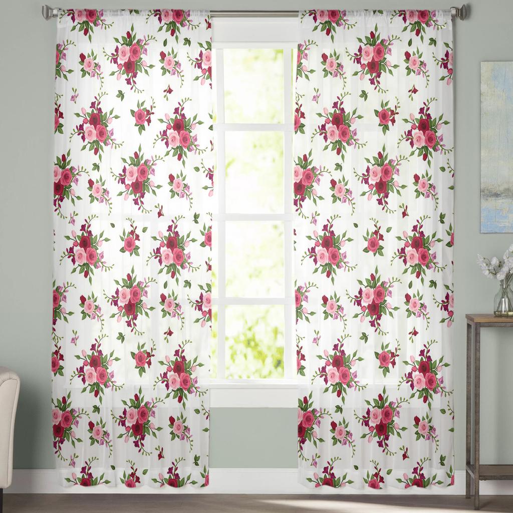 Vorhänge mit rotem Blumen- und Pflanzenmotiv, drapieren, transparenter Tüll, Heimdekoration, Wohnzimmer, Schlafzimmer, Cortinas, Chiffon-Fenstervorhänge