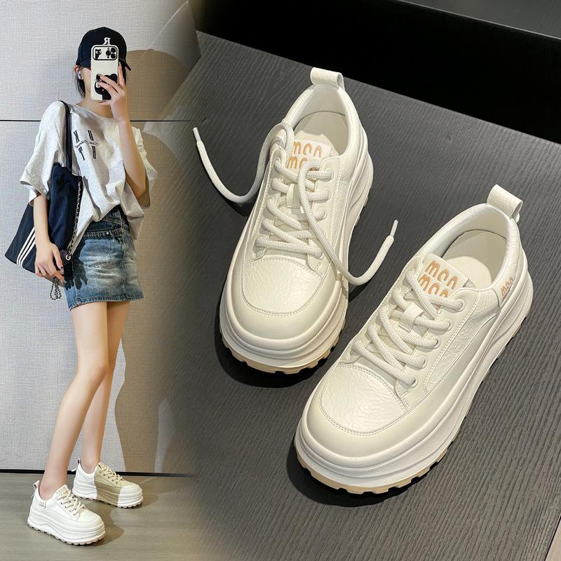 Platform white shoes women's spring new leather versatile sports and leisure shoes comfortable soft sole lightweight board shoes