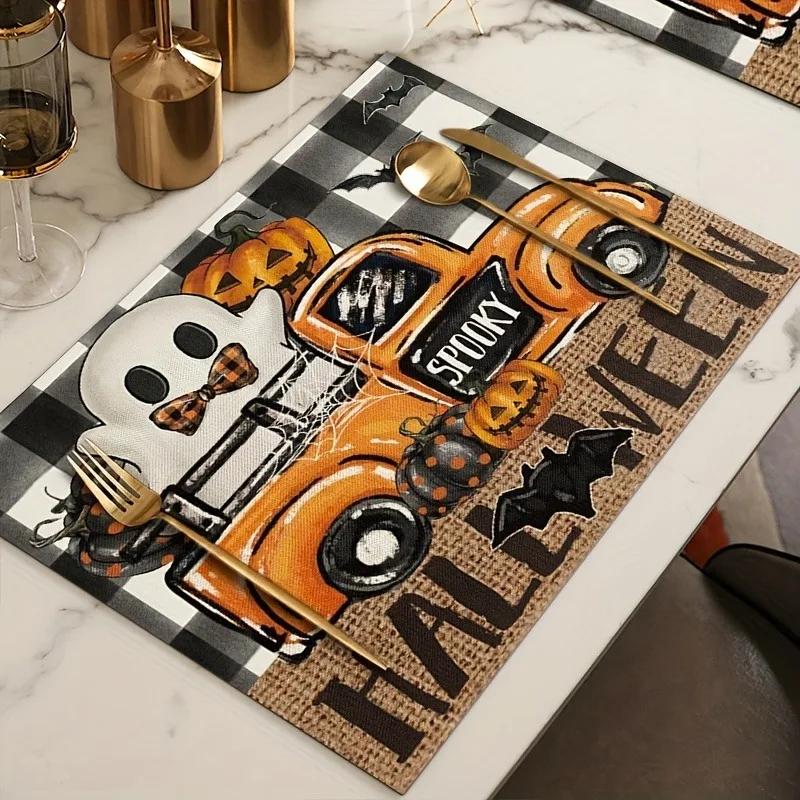 1PC Halloween Pumpkin Print Placemats Machine Washable Table Mat Linen Placemat for Kitchen Dining Table Decoration