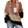 Women's Autumn Winter Knit Set Sweater Loose Patchwork Color One-Shoulder Crewneck Pullover