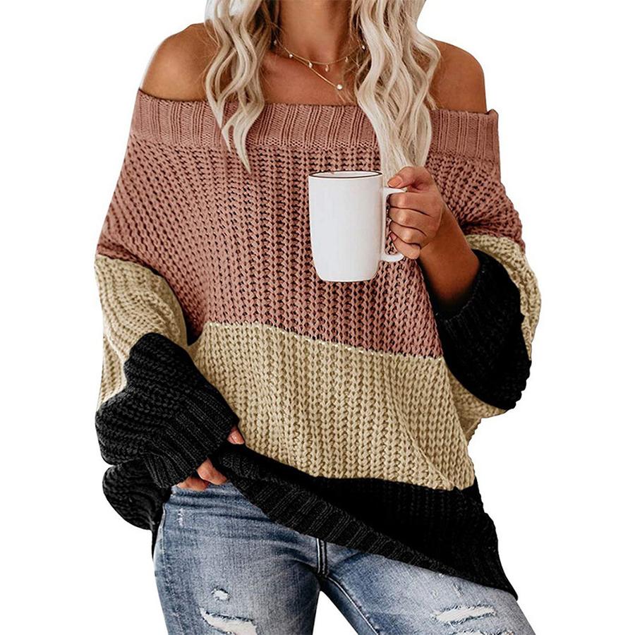 Women's Autumn Winter Knit Set Sweater Loose Patchwork Color One-Shoulder Crewneck Pullover