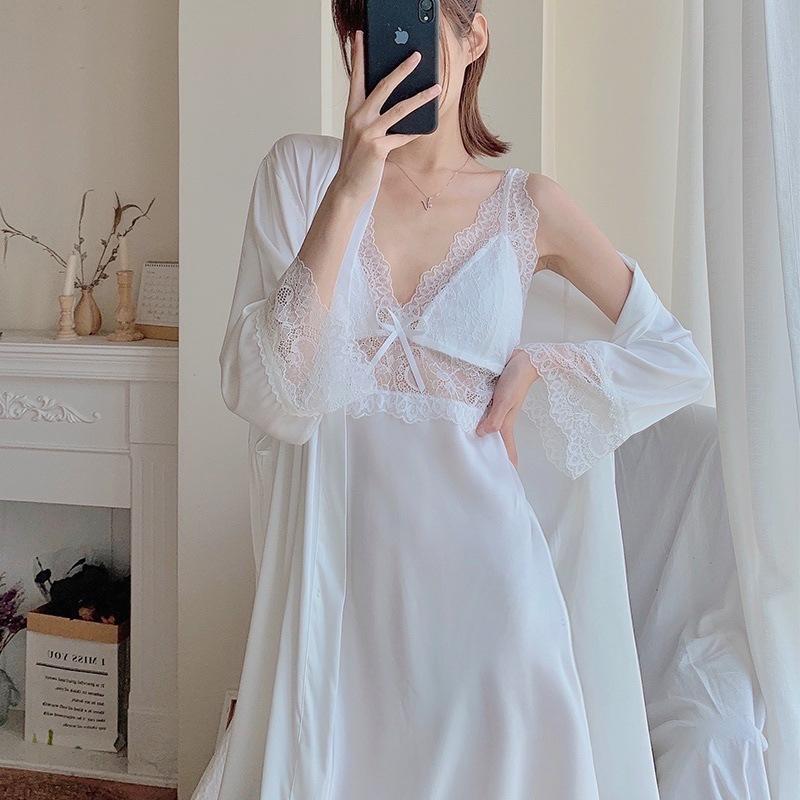 Pajamas women's spring and summer ice silk thin suspender medium and long nightdress sexy lace nightgown loungewear set