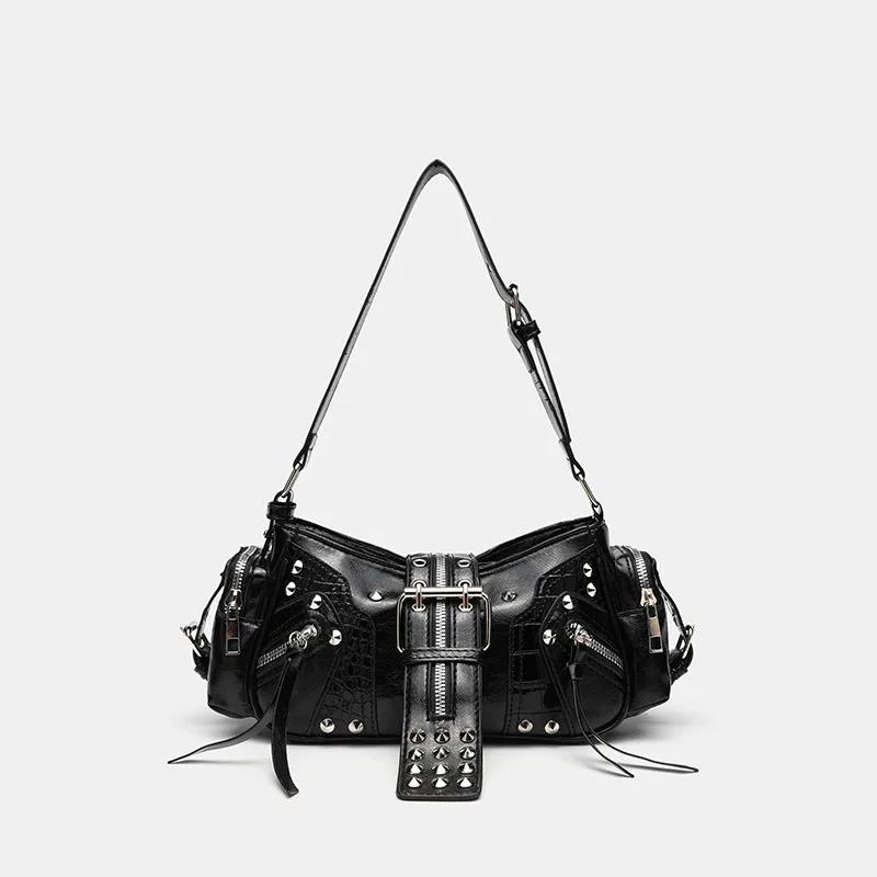 Market-6 Dames Punk Vintage Schoudertas PU Leer Gotische Klinknagel Handtas Taille Tas Luxe Zwarte Crossbody Tassen met Prikkels black