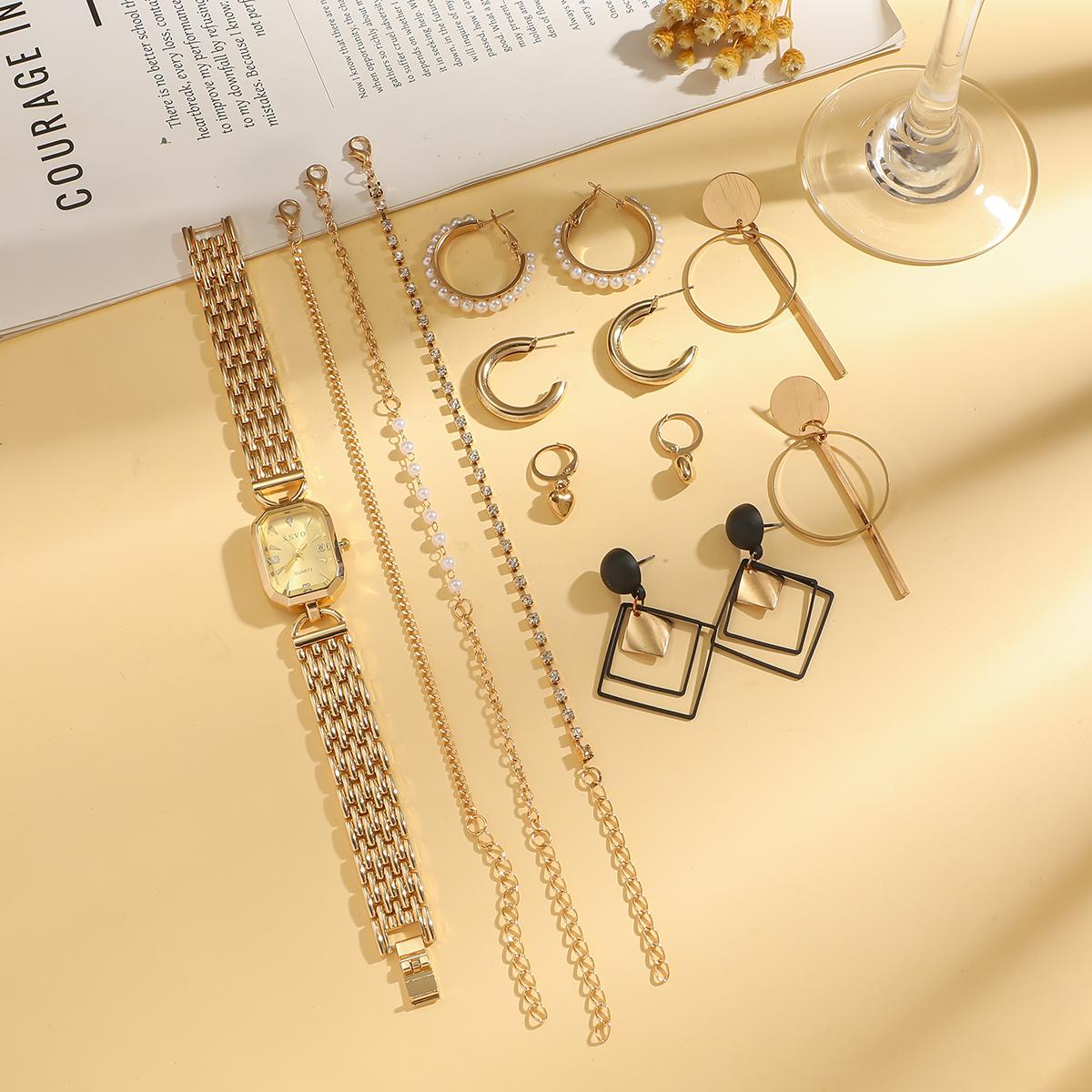 

Модный простой женский кварцевый часовой набор с маленьким циферблатом, украшенным бриллиантами, и стальным ремешком, набор из 14 предметов для подарков на Рождество и Хэллоуин золотой