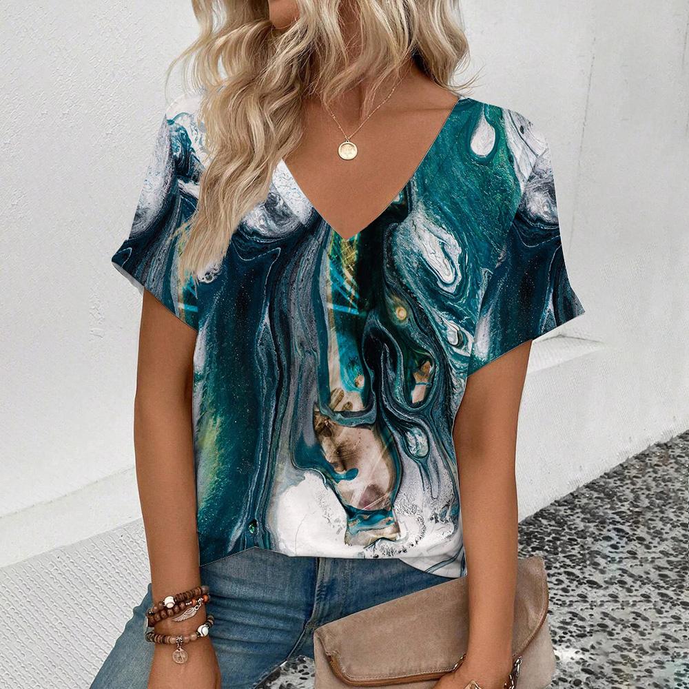Women'sshort Sleeve V-Neck T-Shirt Colorful Tassels Pattern T-Shirt Fashion Casual Women's Elegant Comfort Large Size T-Shirt