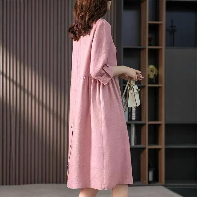 Women Elegant French Linen Shirt Dress Niche Design Solid Color A‑Line Midi Dress 9‑Points Sleeve Single‑Breasted Casual Dress M‑XXL