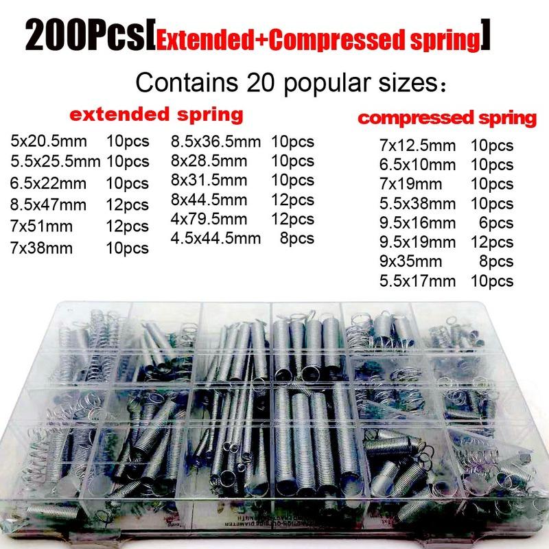 200Pcs Steel Spring Electrical Hardware Spring Set Extension Tension Springs Pressure Suit Metal Assortment Kit Box L=10-79.5mm