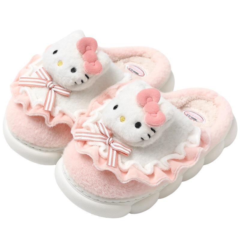 Official Hello Kitty Kuromi Women's Cotton Slippers - Autumn/Winter 2025 Cute Cartoon Plush