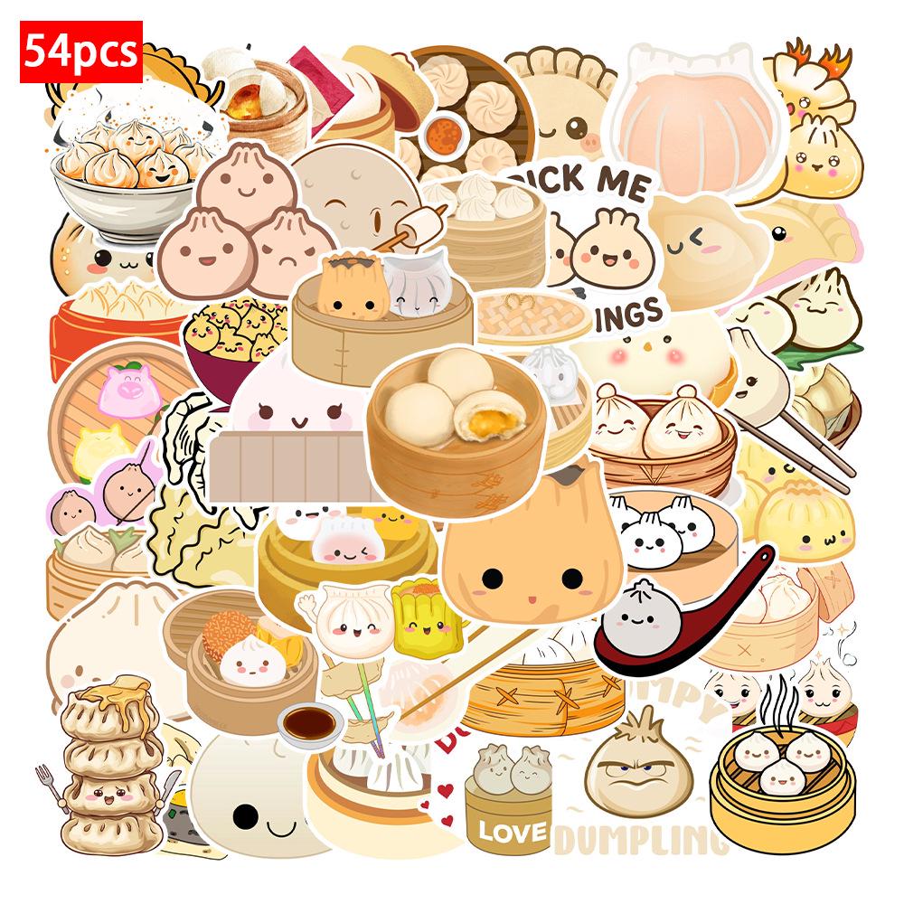 

54 Creative Baozi Chinese Pastry Stickers: Cartoon Graffiti Designs for Journal, Phone, Water Bottle, DIY Décor.