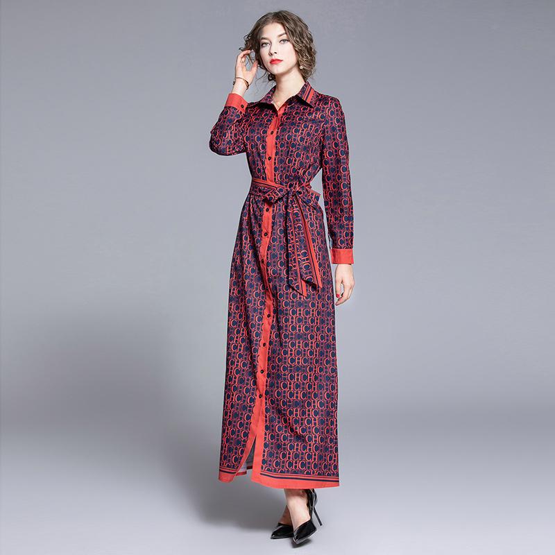 Vår Høst Motemerkedesigner Runway Letters Print Rød Vintage Maxikjole Kvinner Turn Down Krage Langermet belte Snøring Festkjoler