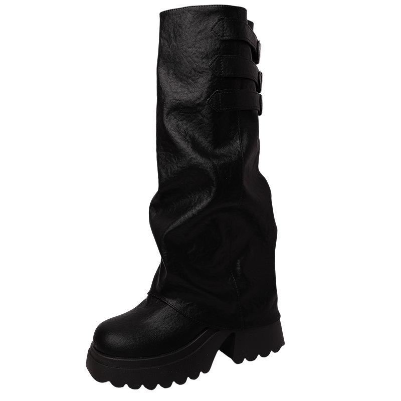 Fashion versatile boots retro leather boots solid color temperament thin trouser tube boots autumn and winter thick heel thick sole women's knight bo