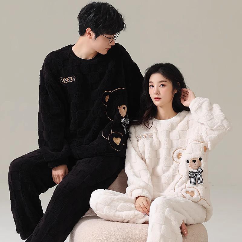 Couples' Coral Fleece Pajamas Set - Thickened Flannel for Autumn/Winter