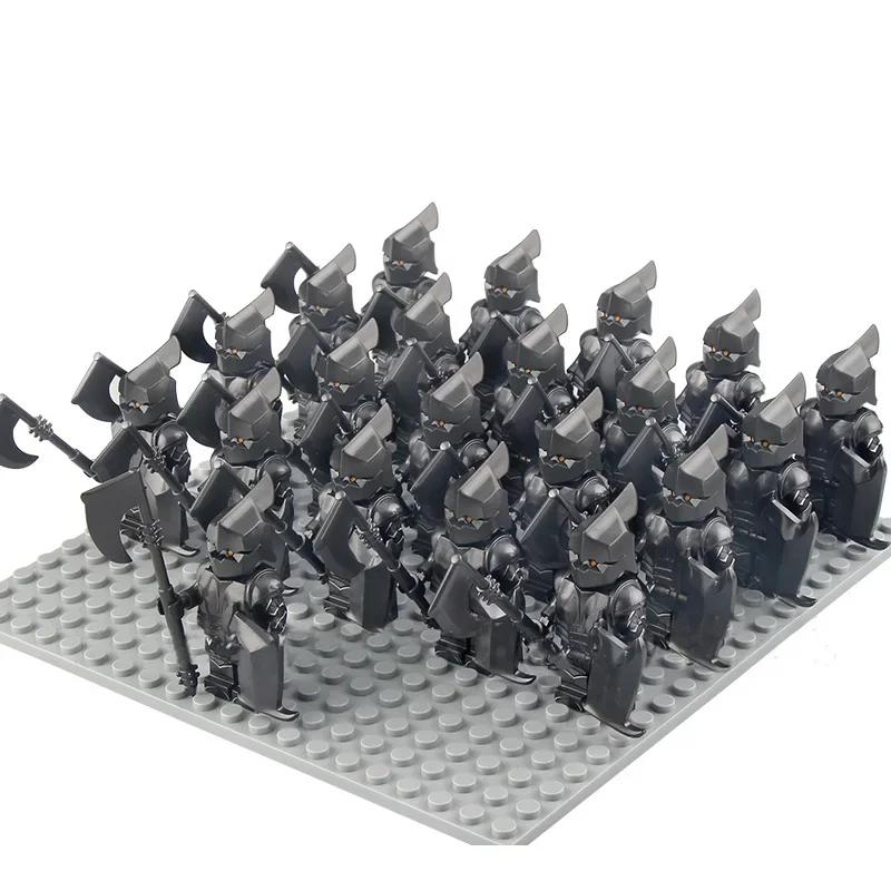 21Pcs/lot Dane Iron Feet Eomer Rohan Warriorr Vs Uruk Hai Army Figrues With Shield Sword Bow Spear Building Blocks Toys for Kids