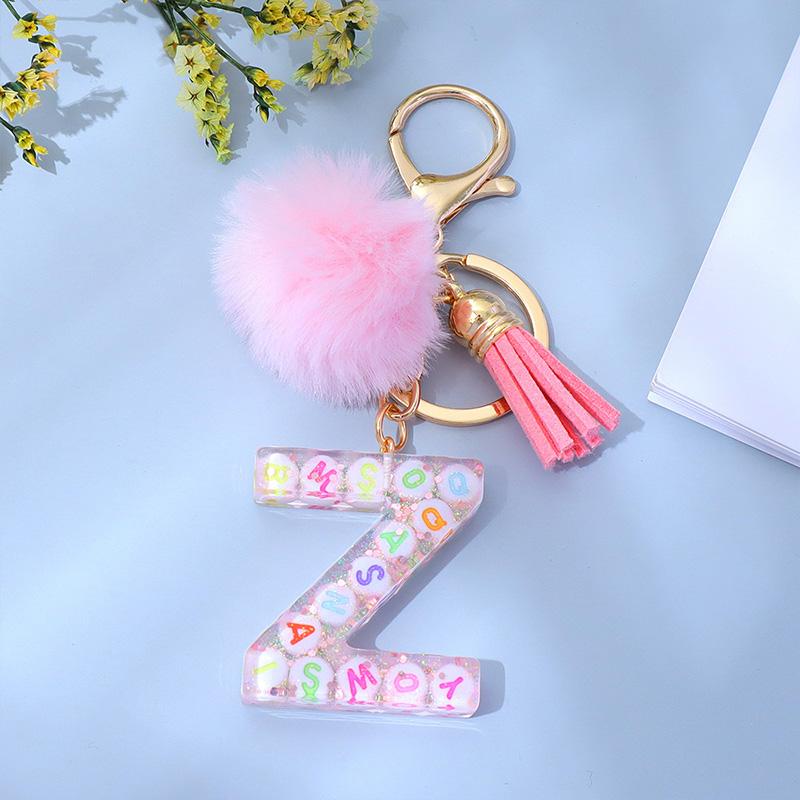 1PC Keyring Key Accessory Letter Filled Colourful Initial Pendant With Fluffy Keychain Glitter Tassel Charms For  Bags Backpacks