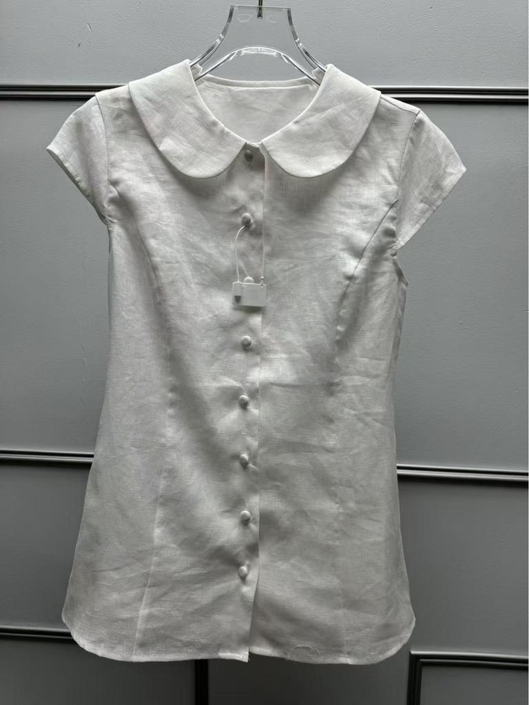 French Minimalist Linen Short-Sleeve Shirt with Elegant Doll Collar