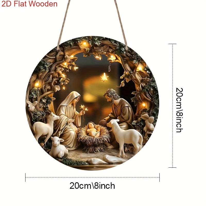 

2D Flat Christmas Manger Scene, Wooden Sign, Circular Design, Church Wall Door Decoration, Christian Christmas Home