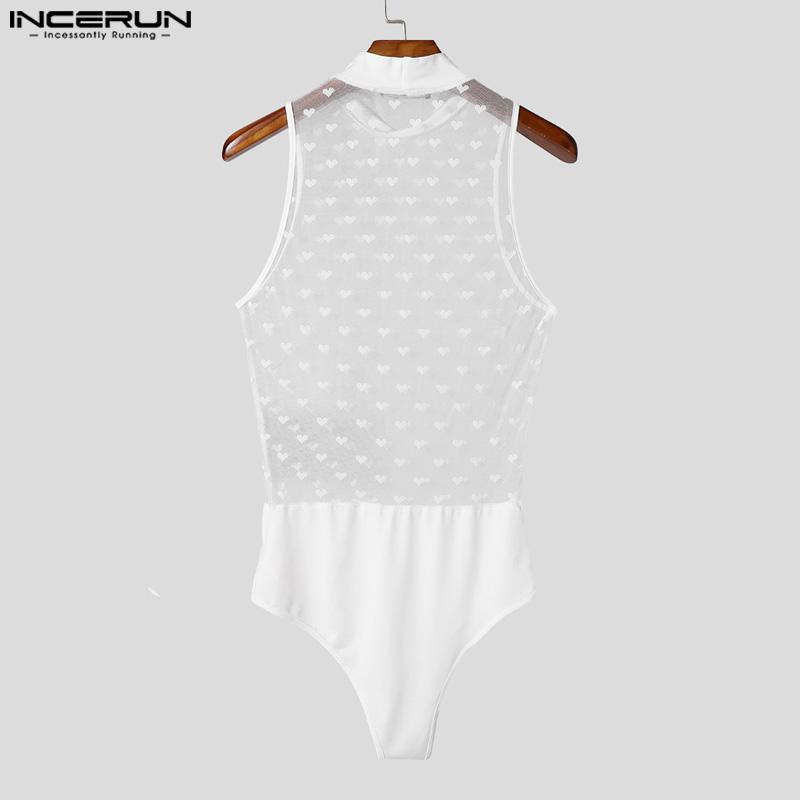 INCERUN Men's Stitching Color Sleeveless Dots Mesh Sheer Underwear Jumpsuits