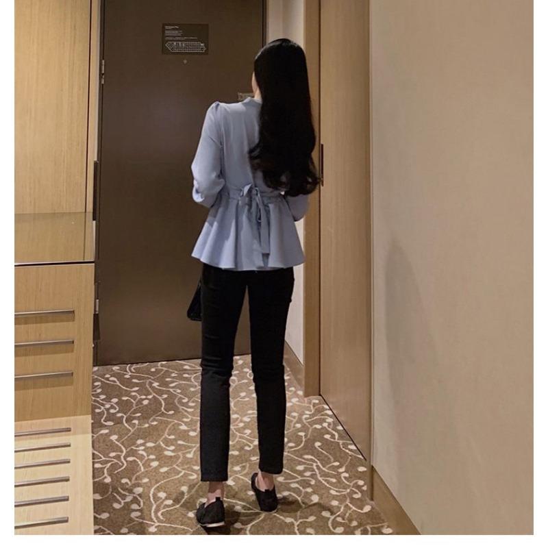 Spring Autumn Temperament White V-neck Chiffon Shirt Women Long Sleeve Waist Lace Up Pullover Blouse Top