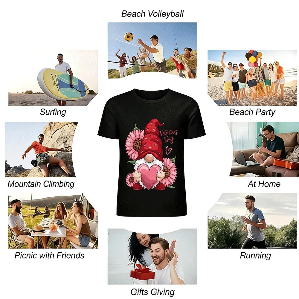 Valentine's Day Gnome Heart Print Casual Top Pure cotton T-shirt