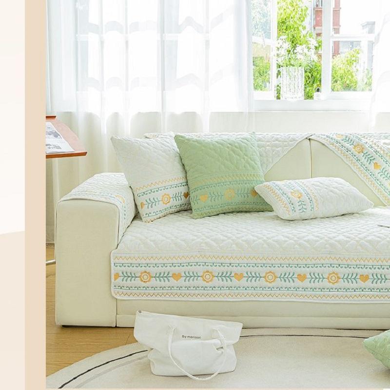 Broderi Sofatrekk 100% Bomull Stuesofa Pute Sklisikker Ensfarget Stoff Universalt Putetrekk Sofatrekk