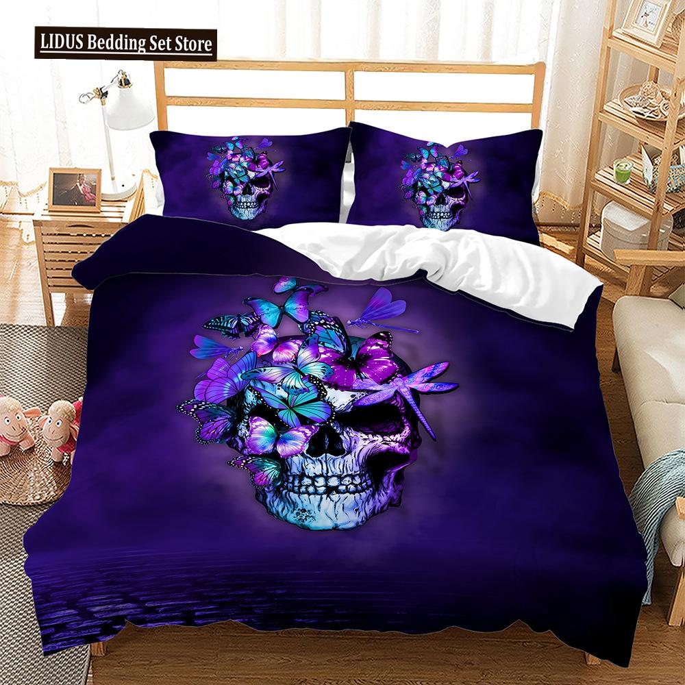 Skull Duvet Cover Set Butterfly Pattern Dark Purple Background King Queen Size For Kids Boys Girls Bedding Set With Pillowcases