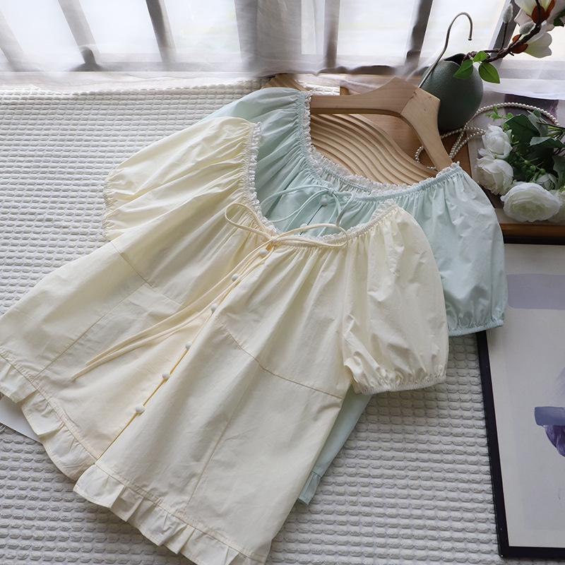 2025 Summer Korean Sweet Lace Trim Babydoll Top - Women's Short Sleeve Shirt