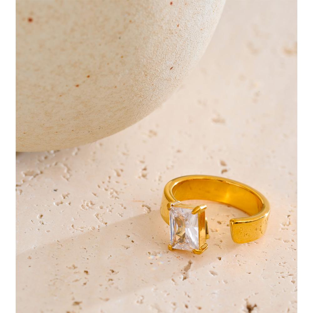 Yhpup Size 7 Glossy Stainless Steel Cubic Zirconia Golden Ring 18K PVD Plated Texture Metal High Quality Finger Jewelry Gift