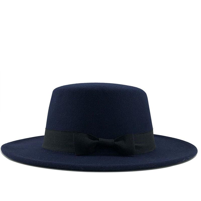 White new wool top hat bow flat top gentleman's hat versatile jazz hat casual woolen hat felt hat