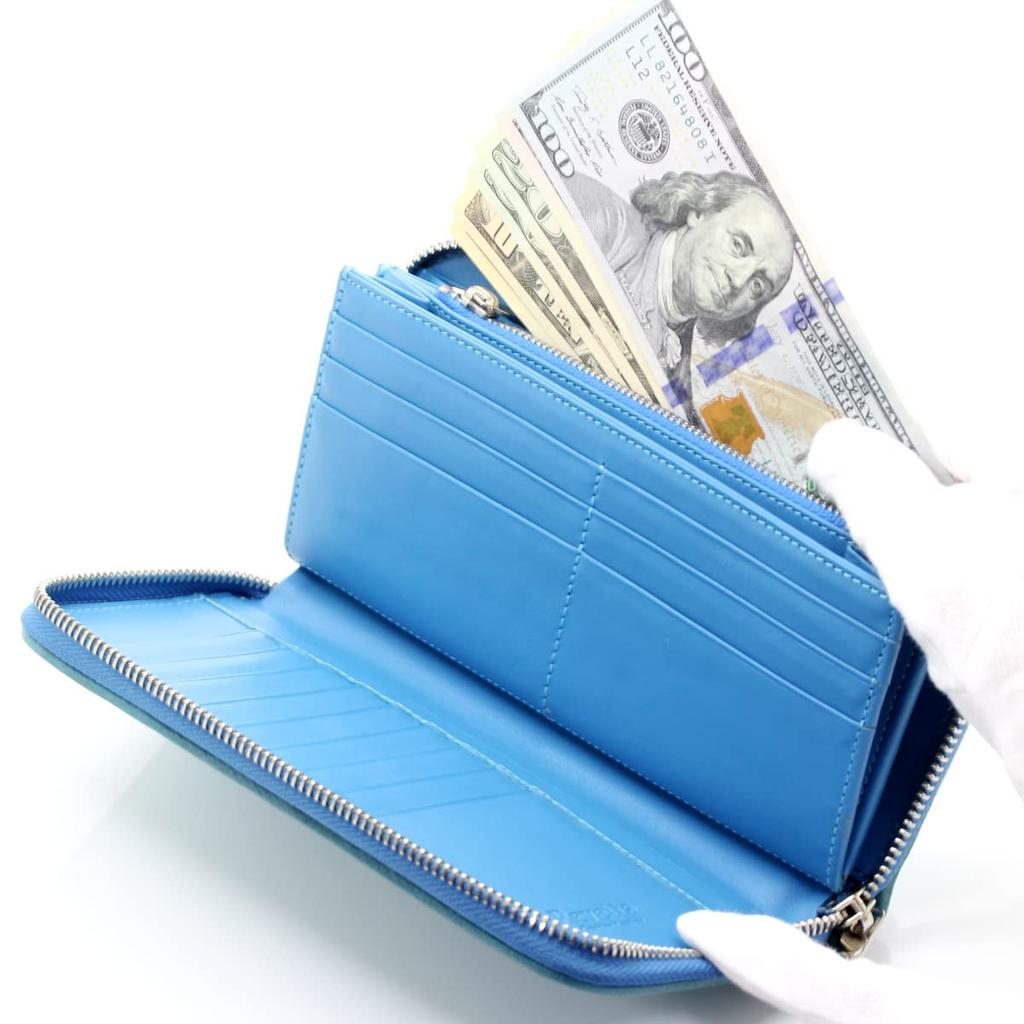 [Revetta] Stingray Leather Long Wallet, Round Zipper, 9 Colors Available, Stingray, Galuchat, Sky Blue, Light Blue, Genuine Leather, Large Capacity [1