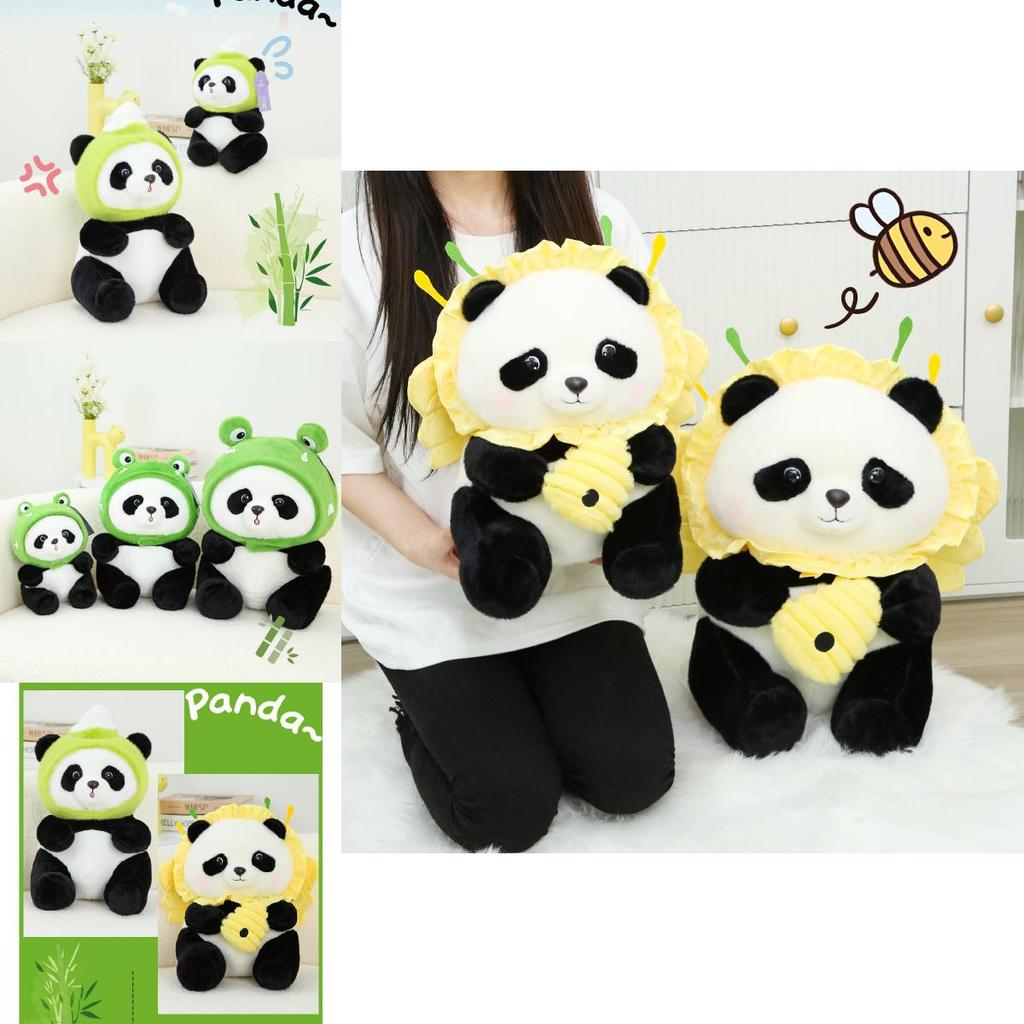 Adorable Panda Plush Toy With Frog Ice Cream And Bee Headpiece For Fun Gifts