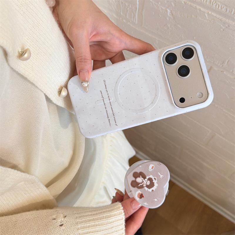 Korean Style Polka Dot Heart Bear Magnetic Stand Phone Case for iPhone 16/15 Pro Max