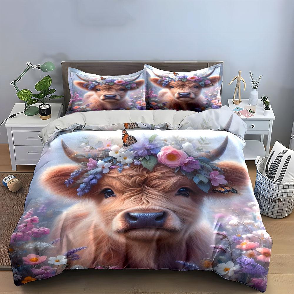 Cute Cow with Flower Crown Bedding Duvet Cover Set (1*Duvet Cover 2*Pillowcases, Without Duvet Insert)
