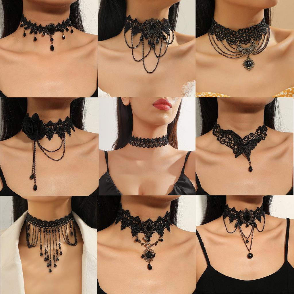 Black necklace, lace collarbone pendant, luxurious luxury necklace, hollowed out tassels, Gothic style