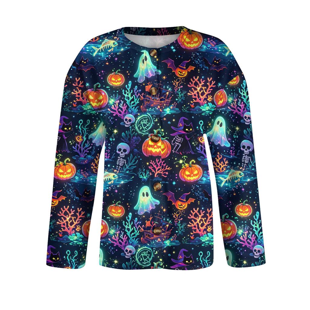 Damen Halloween Print Langarm Strick Cardigan Knopfleiste Pullover Mantel Leichte Oberbekleidung für Herbst und Winter