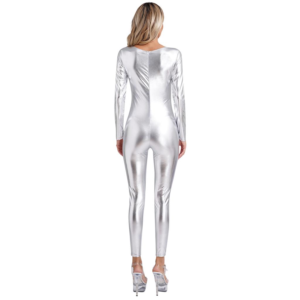 Womens Metallic Bodysuit Shiny Unitard Long Sleeve Round Neck Full Coverage Slim Fit Dance Performance Wear