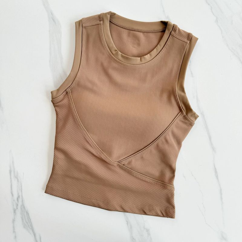 

Женская одежда для йоги, спортивный жилет без рукавов, верхняя одежда, облегающее быстросохнущее нижнее белье, одежда для тренировок, с коротким рукавом и нагрудными вкладышами, топы для бега Cocoa color S