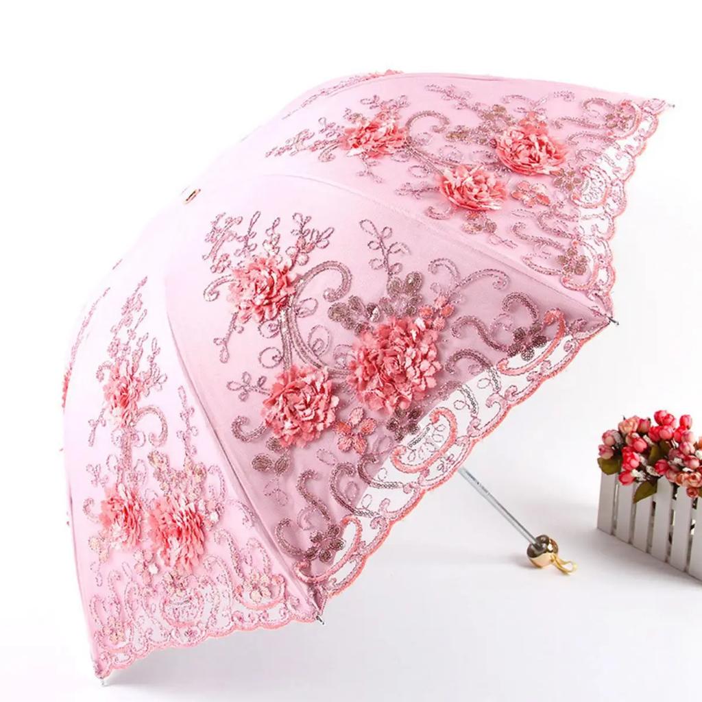 Folded Retro Embroidered Lace Double Layer Vinyl Three-fold Umbrella Wedding Umbrella