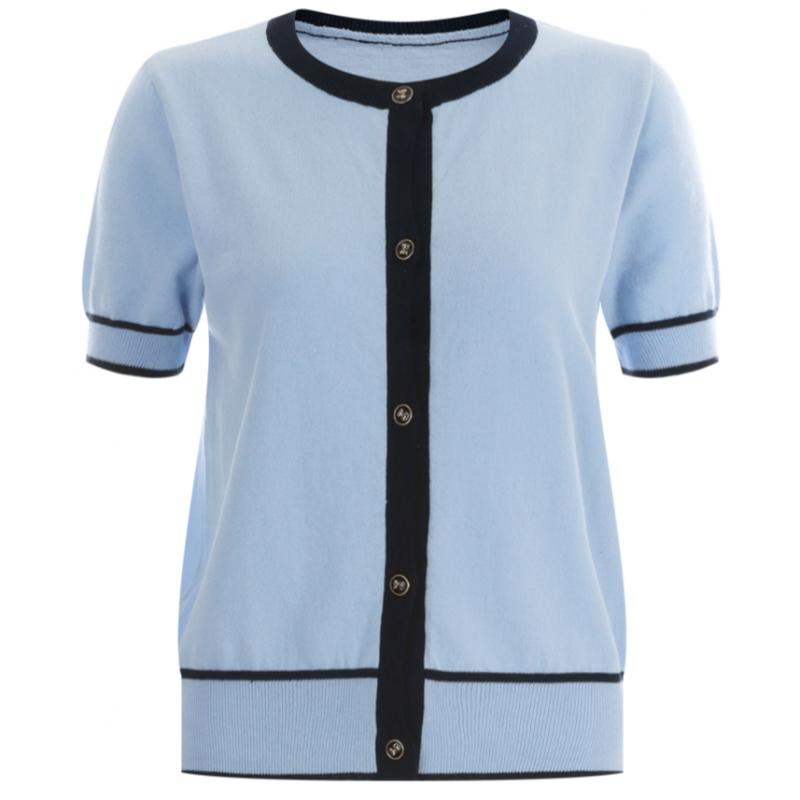 Shop   Women Color Block Round Neck Daily Short Sleeve Knit 100  Cotton Cardigan