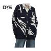 Men Cardigan Sweater Retro American Style V Neck Loose Single-breasted Contrast Color Knitted Sweater Coat Hip Hop Style Streetwear Jacket