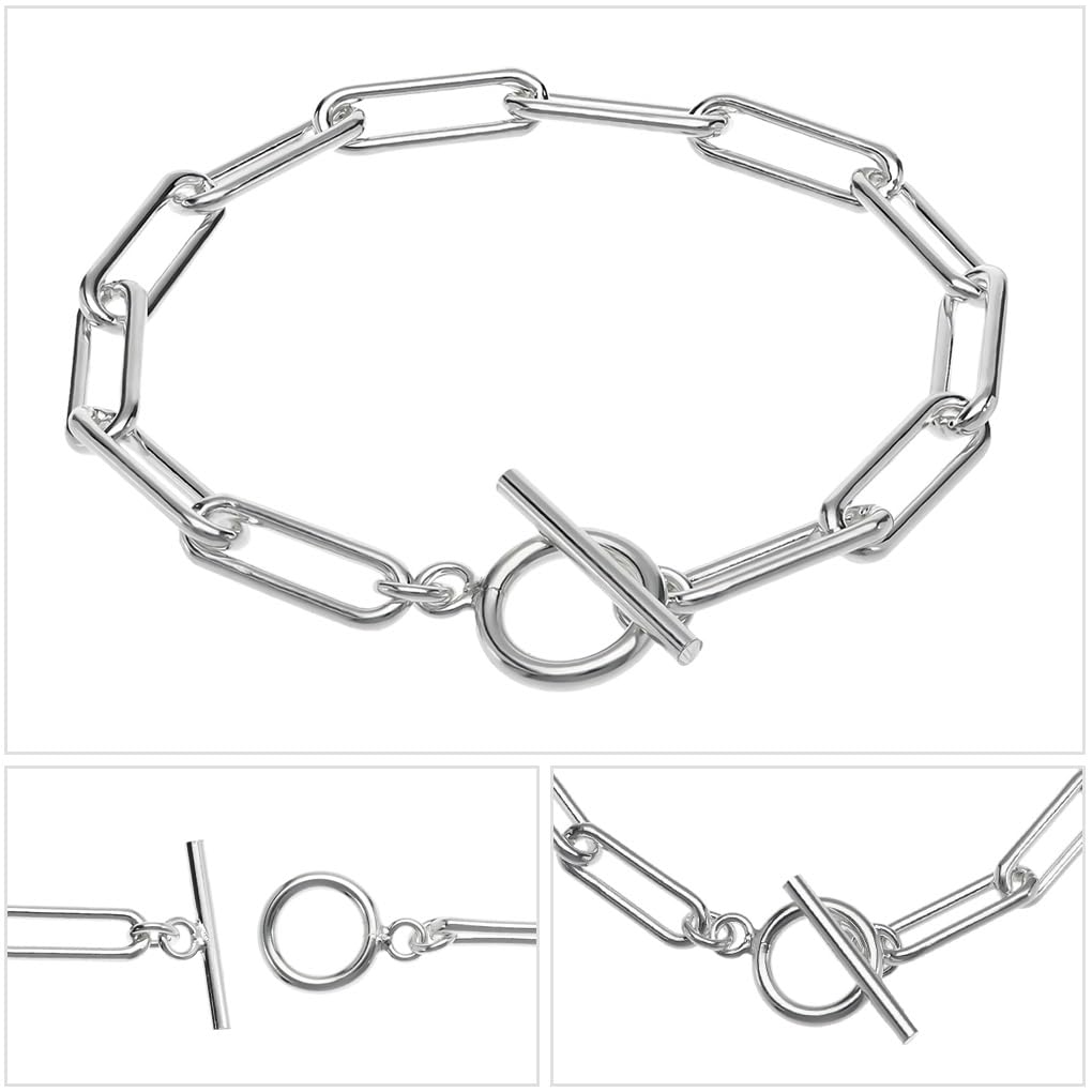 [Shinjuku Gin no Kura] 925 Sterling Silver Long Azuki Chain Bracelet with Mantle and T-Bar, 19cm, Simple Azuki Toggle Clasp