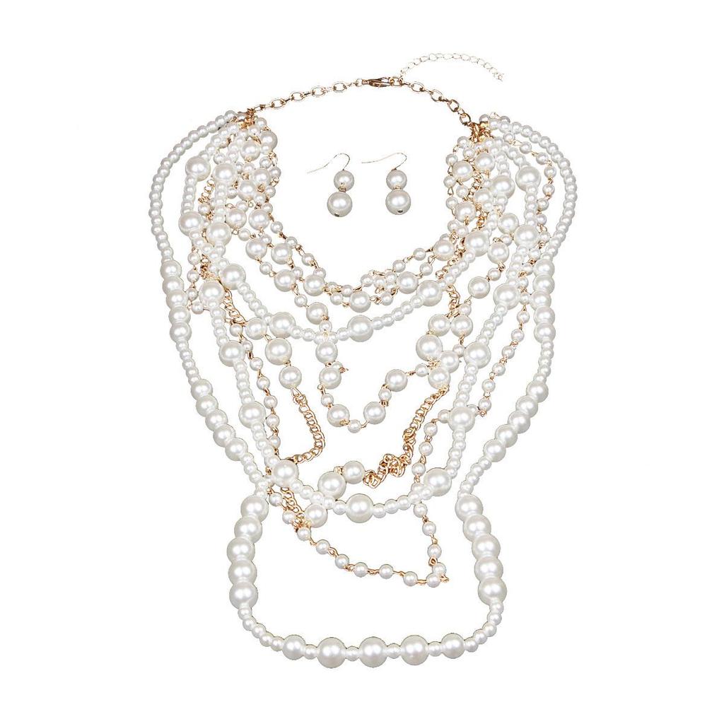 European-American Multi-layer Pearl Necklace & Earrings Set - Women's Long, Elegant Accessories