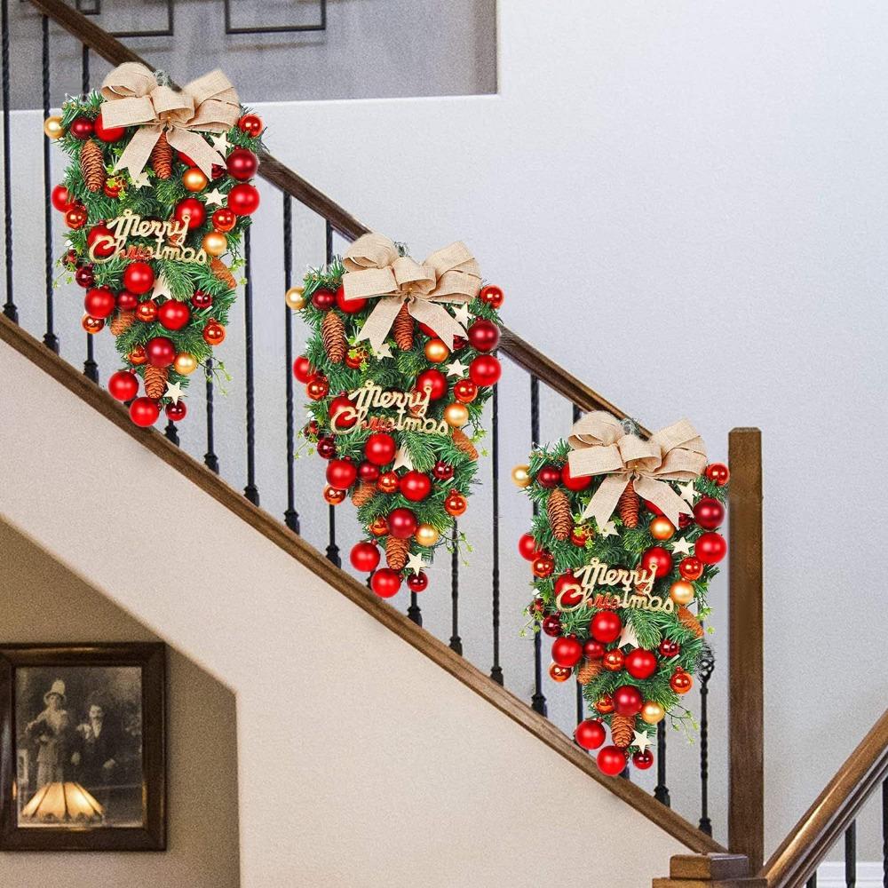 Plastic Christmas Wreath Bowknot Christmas Upside Down Tree Pendant Shining   Front Door