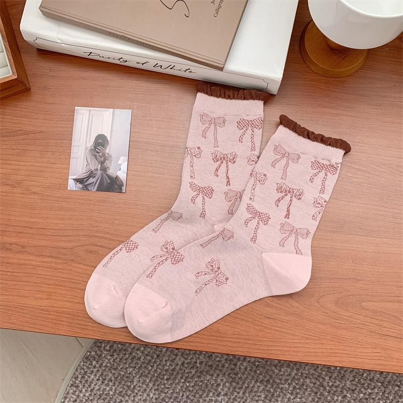 Autumn Relaxation ~ Korean Socks Full Of Bows, Women'S Contrasting Colors, Lip Bubbles, Hem Piles Of Socks