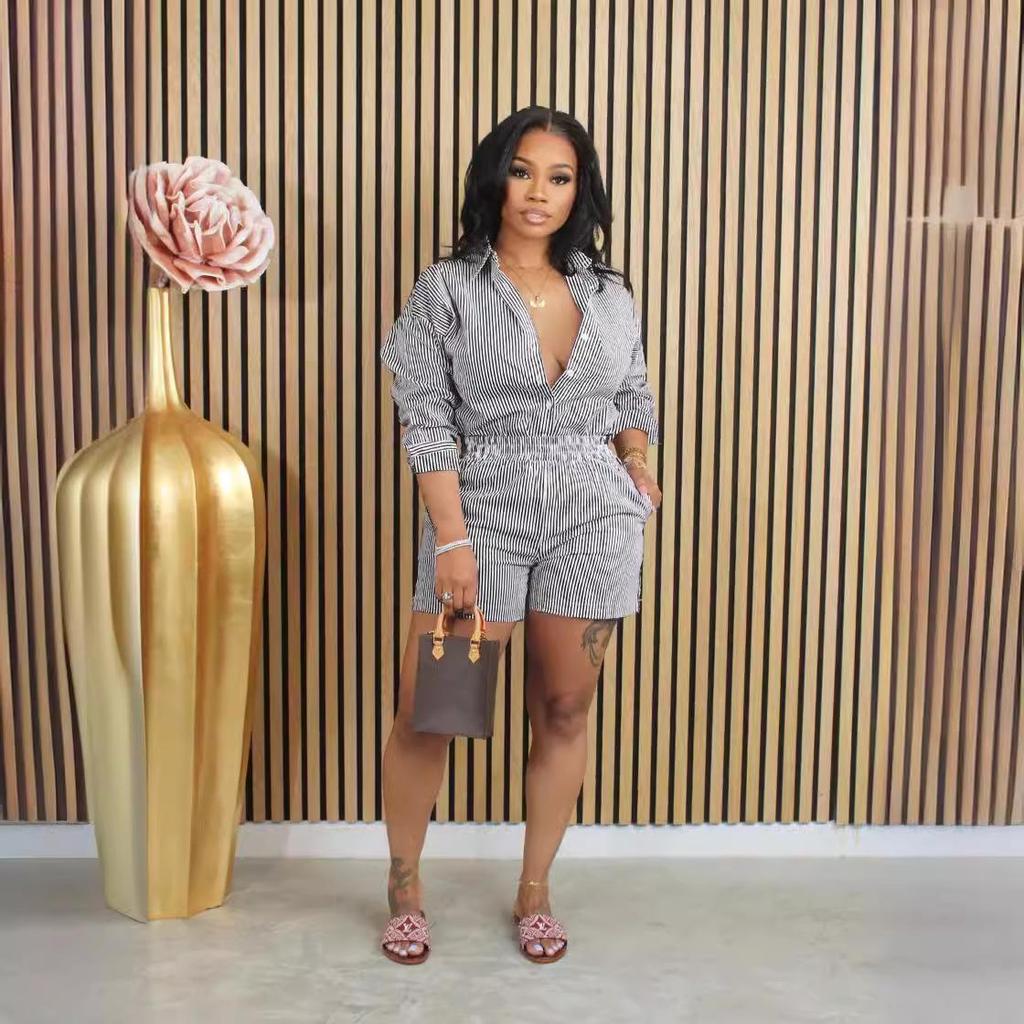 Frühling/Sommer Damen Gestreiftes Knopfrevers Zweiteiliges Set