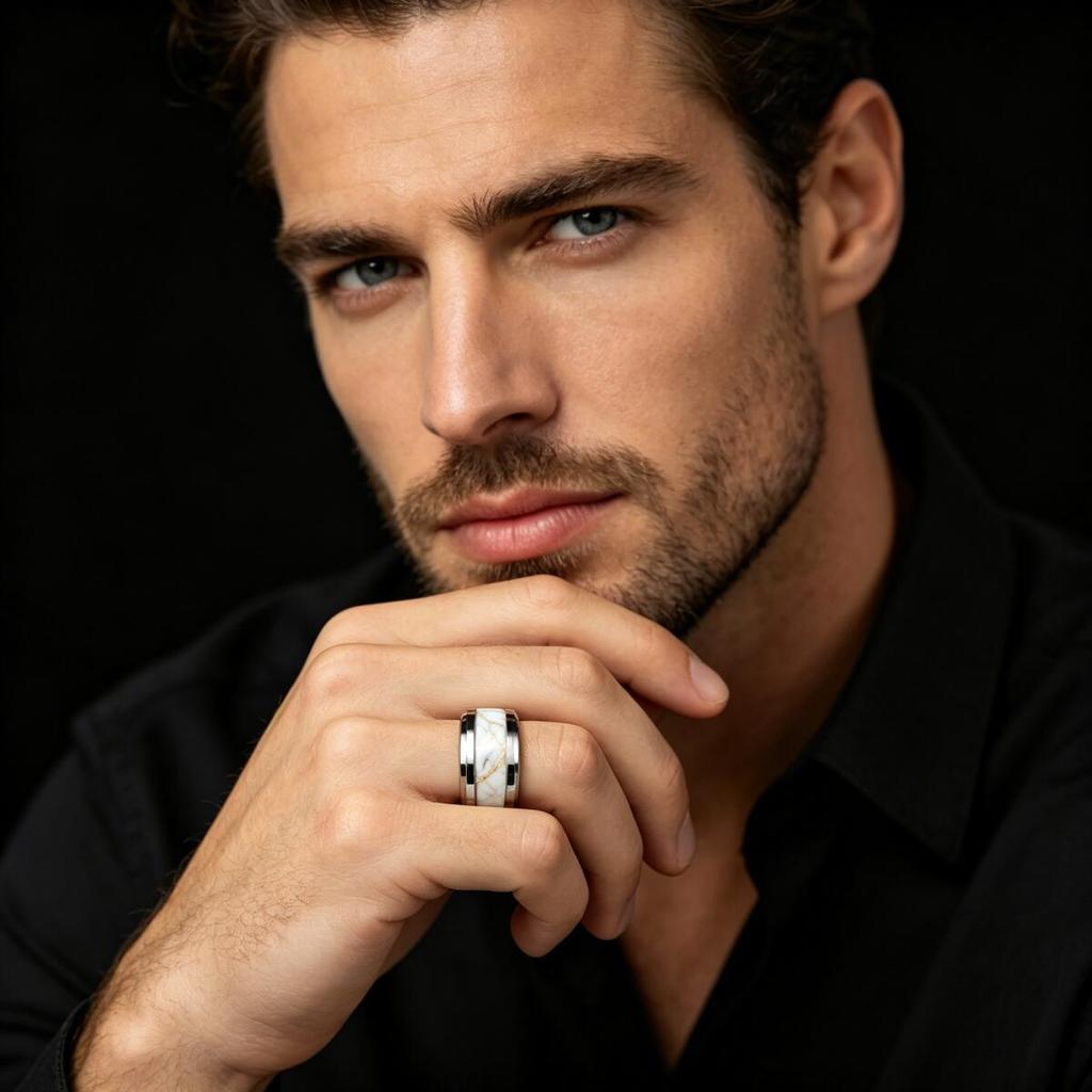 Modern Luxury White-Gray Inter-Golden Marble Texture Inlay Classic Stainless Steel Rings For Men Women Wedding Band Jewelry Gift