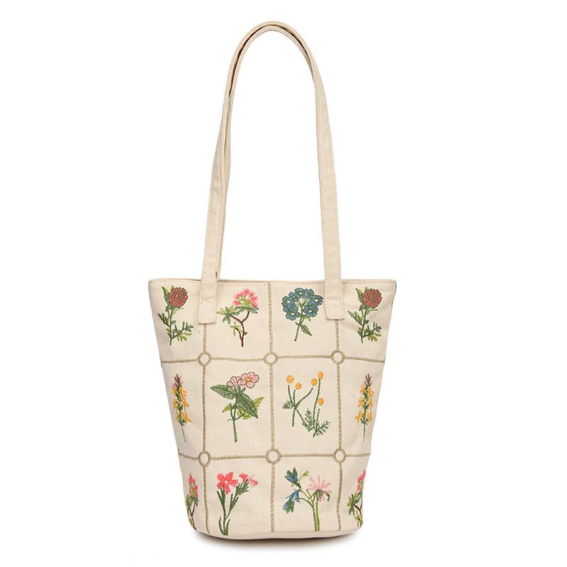 Fashion Large Capacity Girl Shoulder  New Canvas Bag Heavy Industry Embroidery Bucket Bag Shoulder Commuter Tote Bag