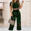 Damen Große Größen Rundhals Kurzarm Bedrucktes Crop Top Schwarz Gold Silber Weit Bein Hosen Zweiteiliges Set