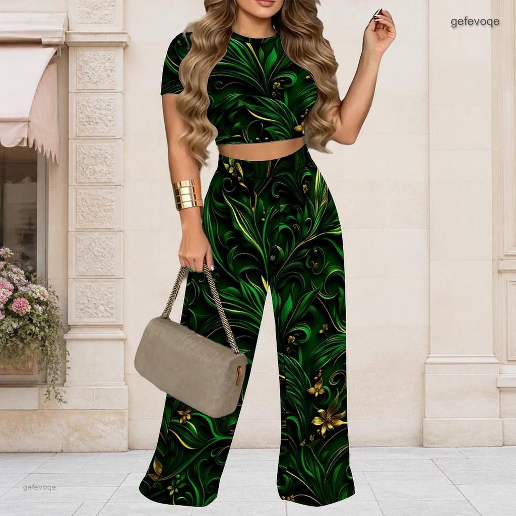 Damen Große Größen Rundhals Kurzarm Bedrucktes Crop Top Schwarz Gold Silber Weit Bein Hosen Zweiteiliges Set