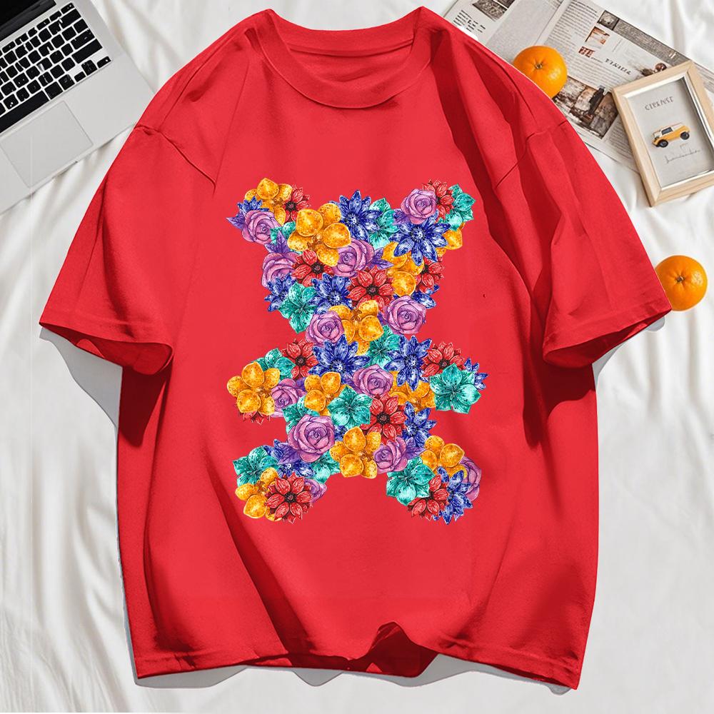 Little Bear Composed Of Flowers Printing T-Shirt Man Loose Cotton T Shirts Trendy O-Neck Casual Top Summer Streetwear